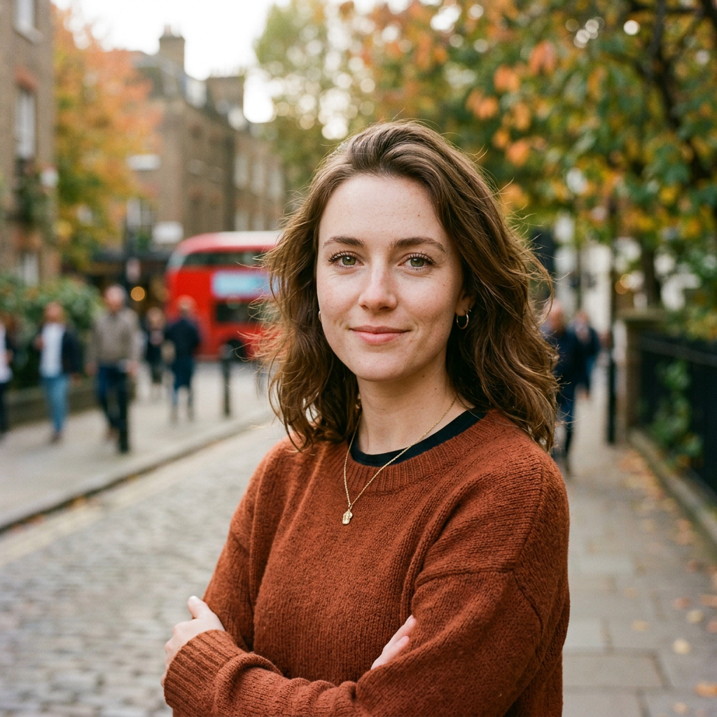Young woman in rust-colored sweater standing on cobblestone street with autumn trees and red bus in background