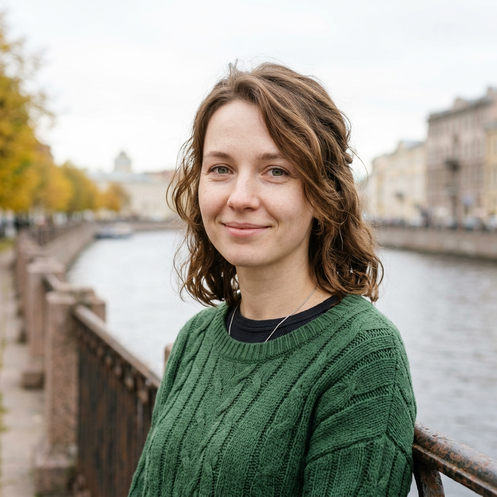 Young woman wearing a green sweater standing by a canal with autumn trees and buildings in the background